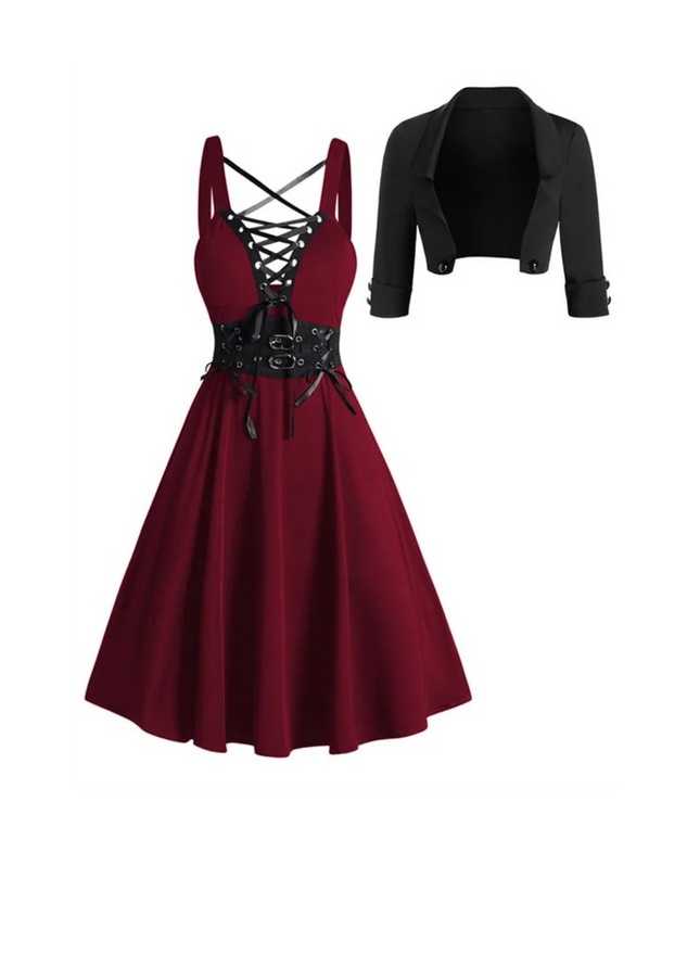 Gothic Lace-Up Dress with Crop Jacket Set | Women’s Crisscross Buckle Strap Outfit | Vintage Inspired Alternative Fashion Dress