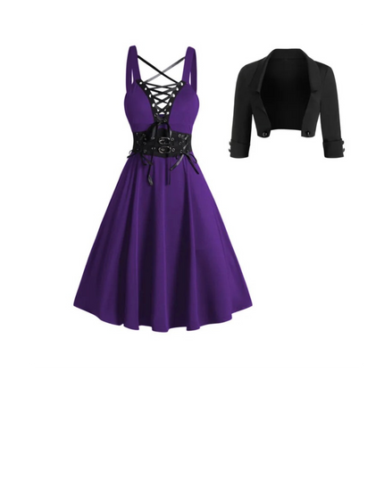 Gothic Lace-Up Dress with Crop Jacket Set | Women’s Crisscross Buckle Strap Outfit | Vintage Inspired Alternative Fashion Dress