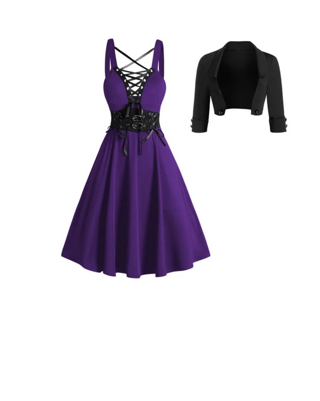 Gothic Lace-Up Dress with Crop Jacket Set | Women’s Crisscross Buckle Strap Outfit | Vintage Inspired Alternative Fashion Dress