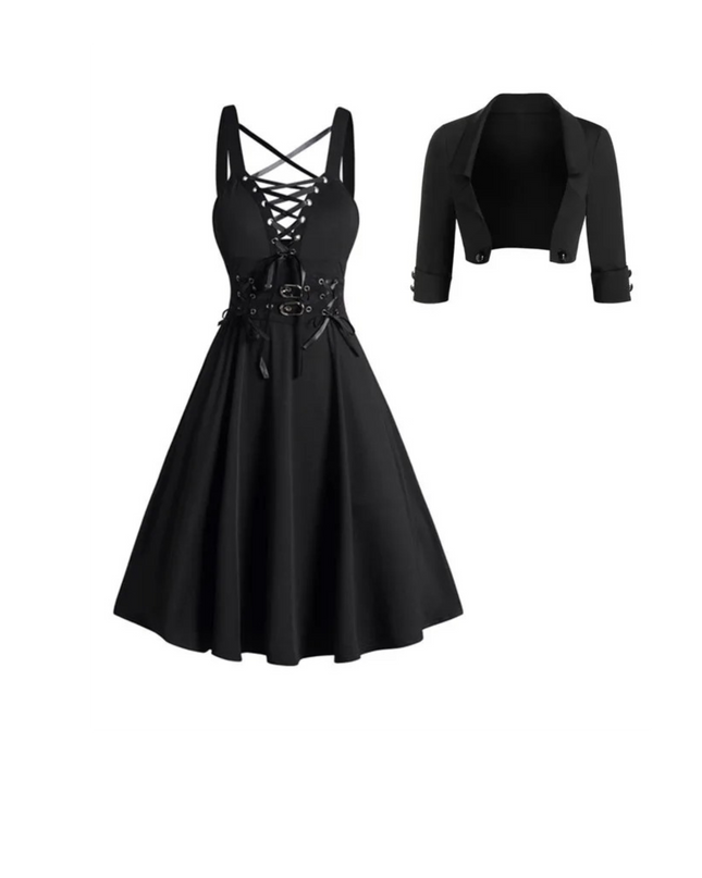 Gothic Lace-Up Dress with Crop Jacket Set | Women’s Crisscross Buckle Strap Outfit | Vintage Inspired Alternative Fashion Dress
