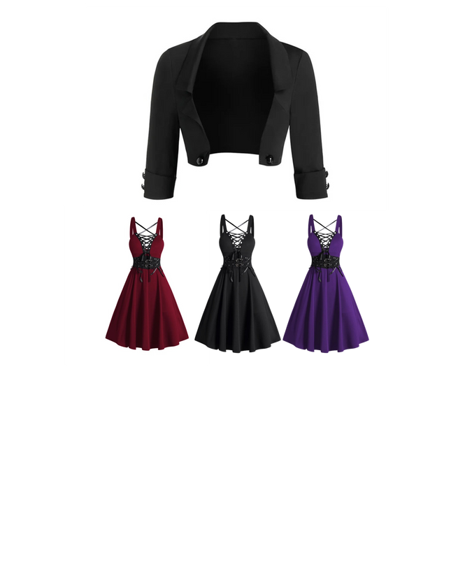 Gothic Lace-Up Dress with Crop Jacket Set | Women’s Crisscross Buckle Strap Outfit | Vintage Inspired Alternative Fashion Dress