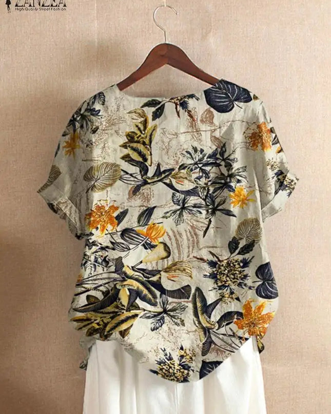 ZANZEA Women Cotton Shirt Fashion Floral Printed Tops Ladies Kaftan Chemise 2024 Summer Short Sleeve Blouses Causal O-neck Tunic