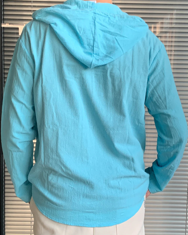 Summer Men's Cotton Linen Shirt Solid Streetwear Long Sleeve Hoodie Clothing For Men Button Tops Casual Loose Men Hooded Shirt