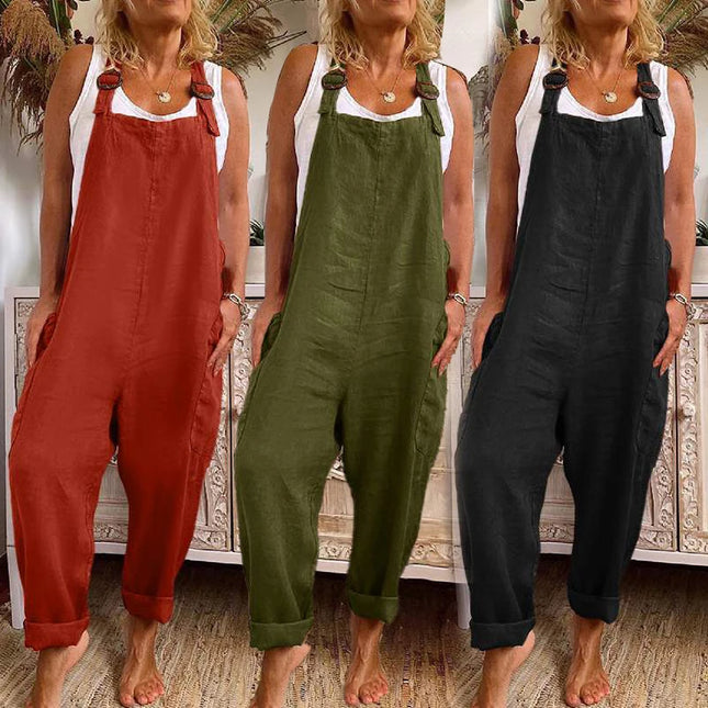 Womens Cotton Linen Jumpsuit Dungarees Loose Playsuit Polyester Preppy Style Pants Pocket  Overalls Trousers