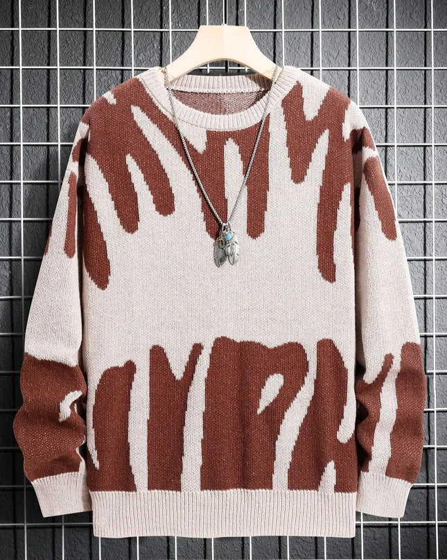 New Popular Autumn Winter Irregular Jacquard Pattern Pullover Sweater Casual Round Neck Contrast Color Knitted Men's Pullover