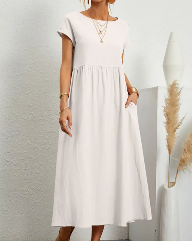Women Vintage Solid Dress 2023 Summer Elegant O Neck Short Sleeve Cotton Linen Dresses Female Casual Loose Sundress Long Dress
