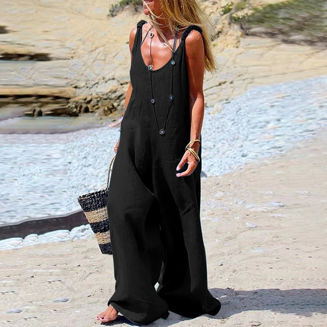 Womens Cotton Linen Jumpsuit Dungarees Loose Playsuit Polyester Preppy Style Pants Pocket  Overalls Trousers