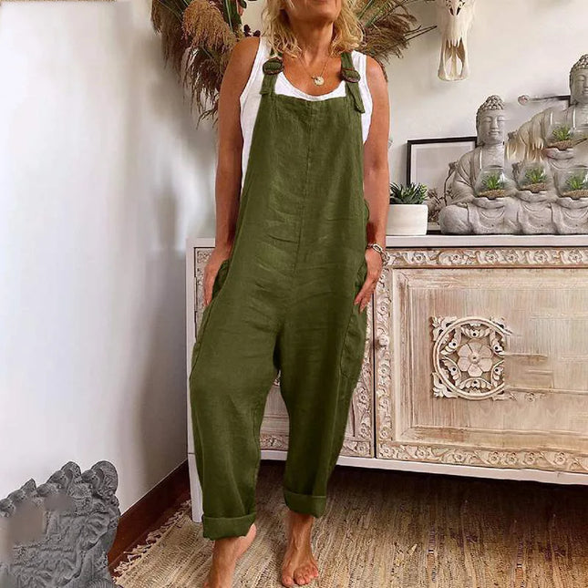 Womens Cotton Linen Jumpsuit Dungarees Loose Playsuit Polyester Preppy Style Pants Pocket  Overalls Trousers