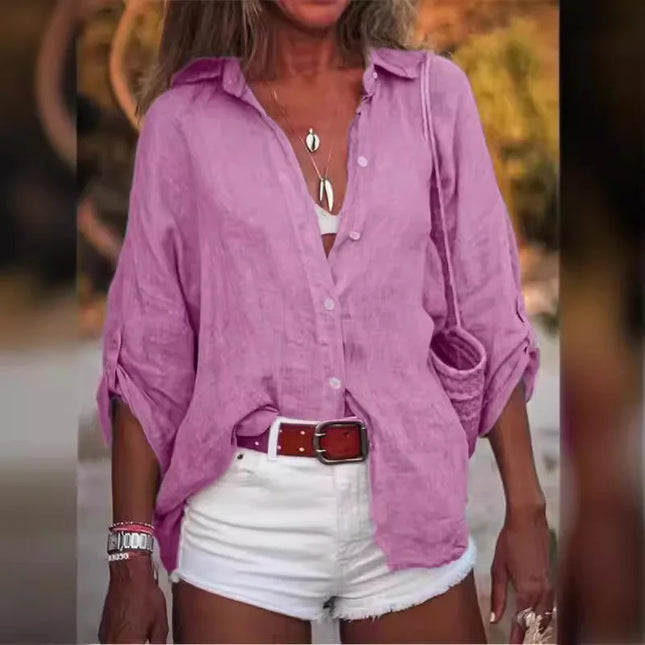 Women Cotton Linen Blouse Shirt Summer Female Turn Down Collar Three Quarter Loose Blouse Tops FYY-85