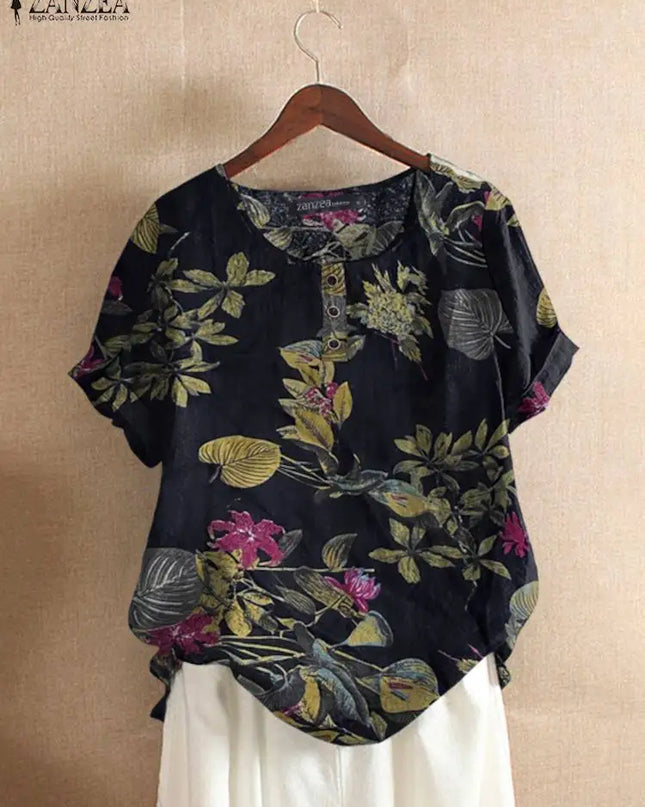 ZANZEA Women Cotton Shirt Fashion Floral Printed Tops Ladies Kaftan Chemise 2024 Summer Short Sleeve Blouses Causal O-neck Tunic
