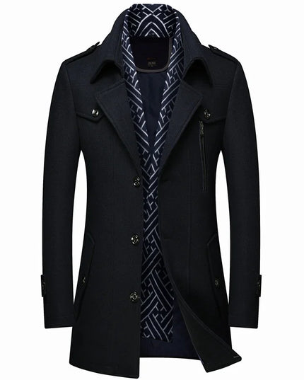 Winter Men's Woolen Coats Fashion Thicken Mid Length Trench Solid Turn Down Collar Warm Outerwear Business Casual Wool Coat Men