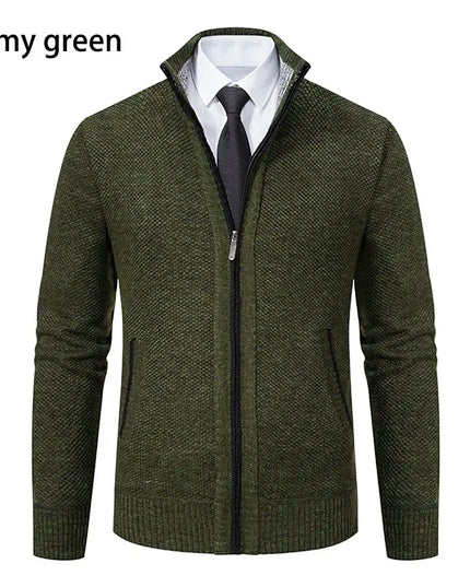 2025 Autumn and Winter New Jersey Men's Casual Sports Coat Solid Color Stand Collar Sweater Grab Fleece Warm Zipper Cardigan