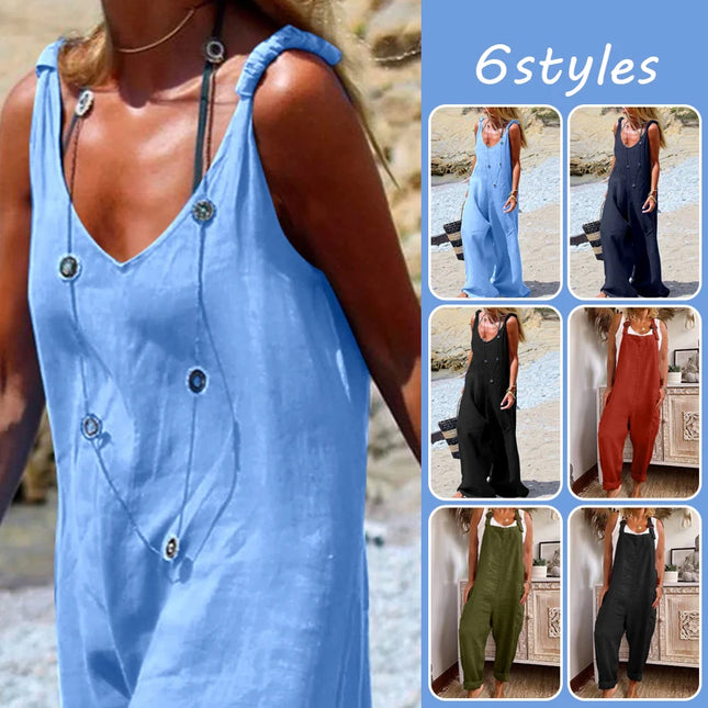 Womens Cotton Linen Jumpsuit Dungarees Loose Playsuit Polyester Preppy Style Pants Pocket  Overalls Trousers