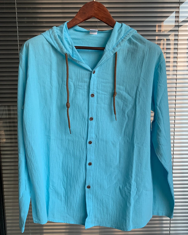 Summer Men's Cotton Linen Shirt Solid Streetwear Long Sleeve Hoodie Clothing For Men Button Tops Casual Loose Men Hooded Shirt
