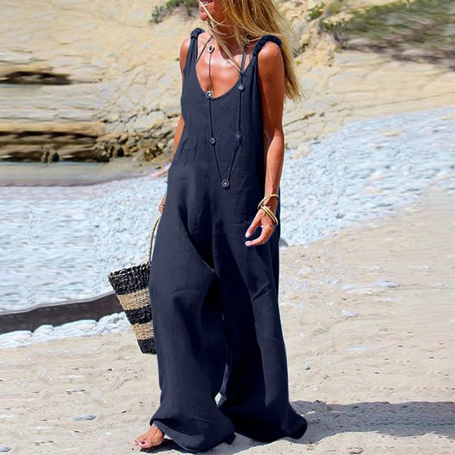 Womens Cotton Linen Jumpsuit Dungarees Loose Playsuit Polyester Preppy Style Pants Pocket  Overalls Trousers