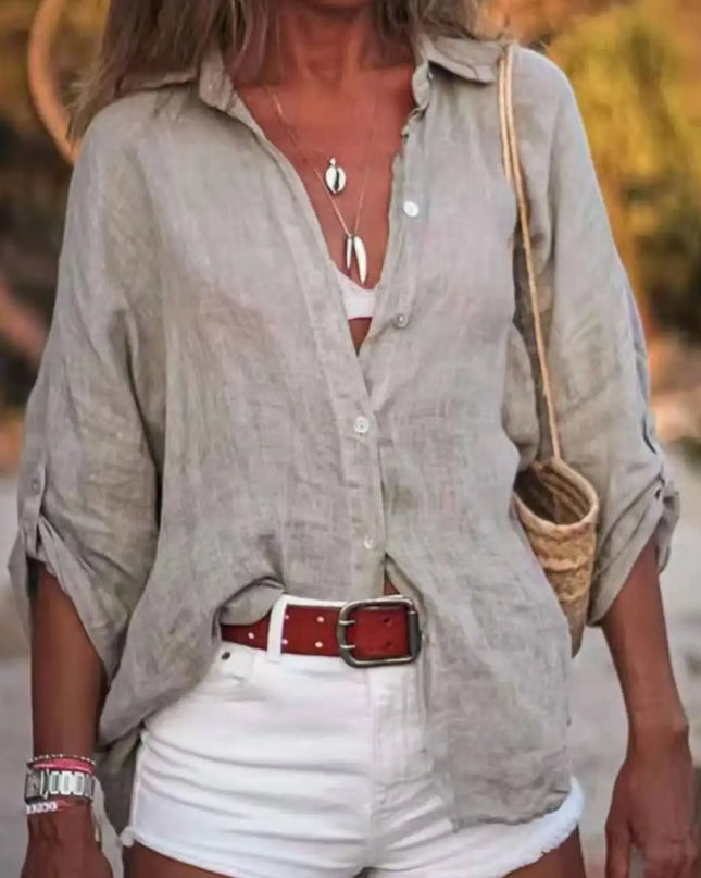 Women Cotton Linen Blouse Shirt Summer Female Turn Down Collar Three Quarter Loose Blouse Tops FYY-85
