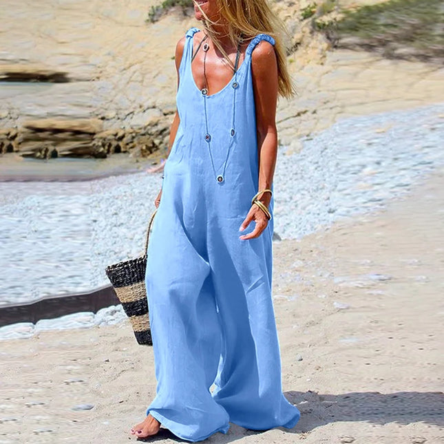 Womens Cotton Linen Jumpsuit Dungarees Loose Playsuit Polyester Preppy Style Pants Pocket  Overalls Trousers