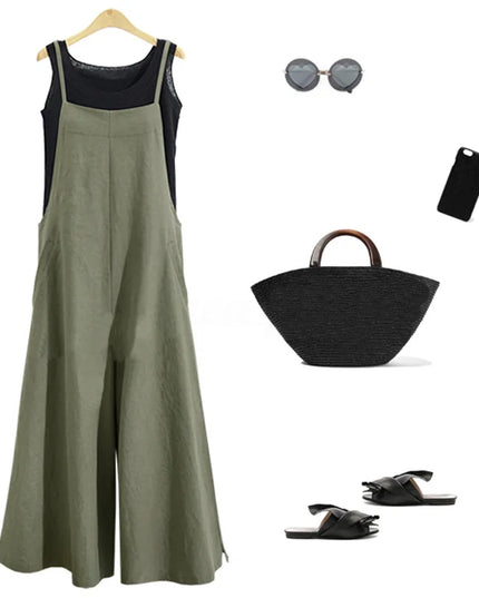 Women Straps Jumpsuit Summer Solid Color Wide Leg Pants Dungaree Bib Overalls Casual Loose Sleeveless Cotton Linen Jumpsuits 5Xl