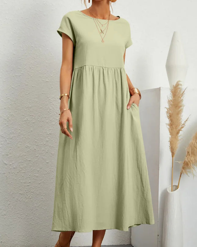 Women Vintage Solid Dress 2023 Summer Elegant O Neck Short Sleeve Cotton Linen Dresses Female Casual Loose Sundress Long Dress