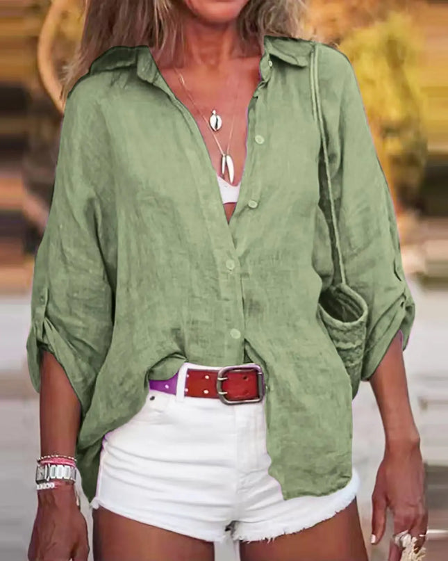Women Cotton Linen Blouse Shirt Summer Female Turn Down Collar Three Quarter Loose Blouse Tops FYY-85