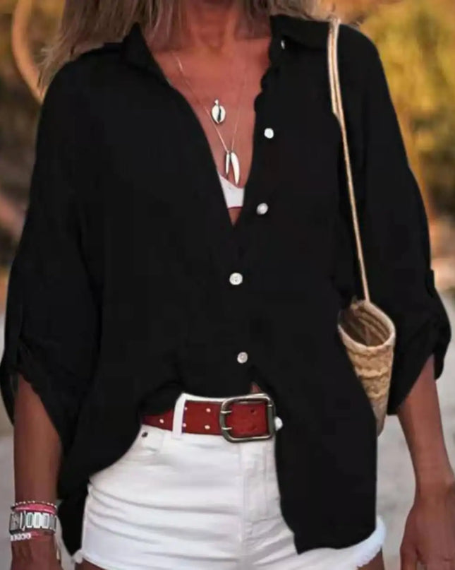 Women Cotton Linen Blouse Shirt Summer Female Turn Down Collar Three Quarter Loose Blouse Tops FYY-85
