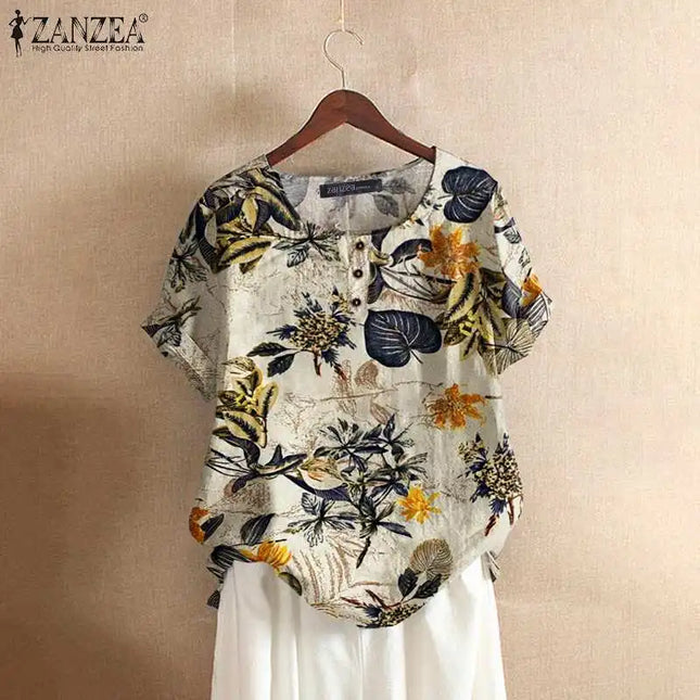 ZANZEA Women Cotton Shirt Fashion Floral Printed Tops Ladies Kaftan Chemise 2024 Summer Short Sleeve Blouses Causal O-neck Tunic