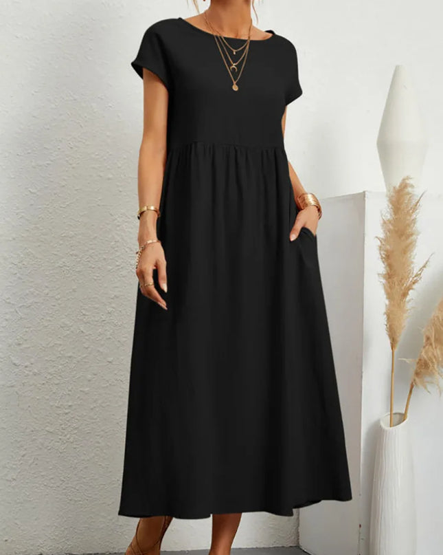Women Vintage Solid Dress 2023 Summer Elegant O Neck Short Sleeve Cotton Linen Dresses Female Casual Loose Sundress Long Dress