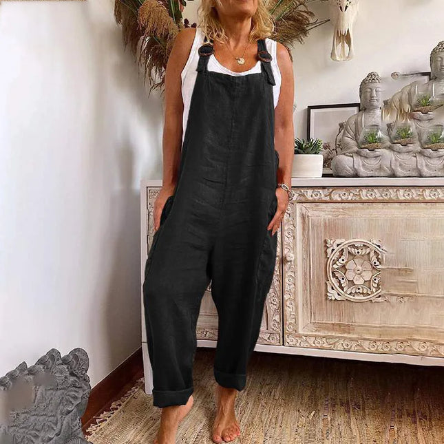 Womens Cotton Linen Jumpsuit Dungarees Loose Playsuit Polyester Preppy Style Pants Pocket  Overalls Trousers