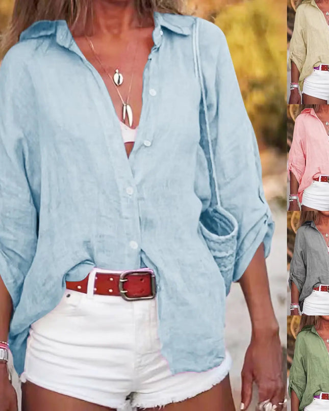 Women Cotton Linen Blouse Shirt Summer Female Turn Down Collar Three Quarter Loose Blouse Tops FYY-85