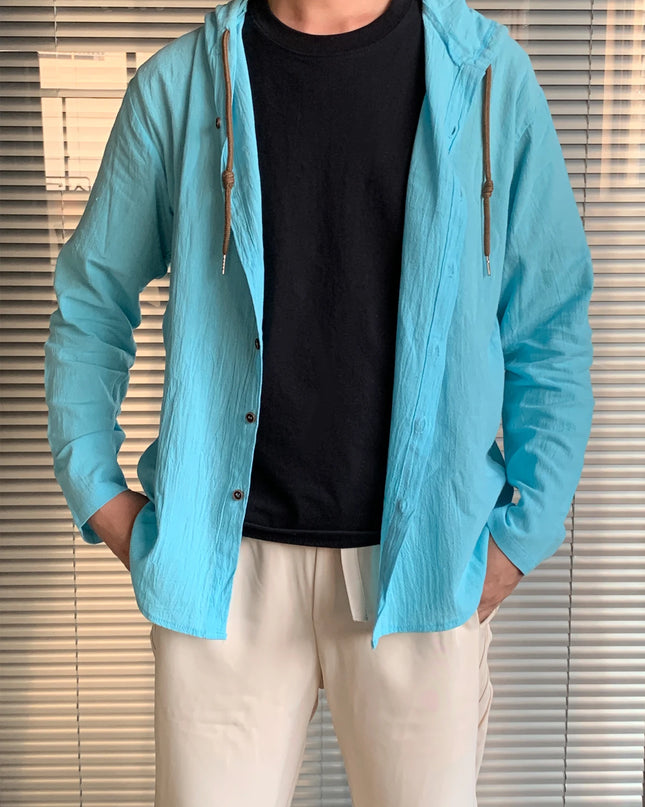 Summer Men's Cotton Linen Shirt Solid Streetwear Long Sleeve Hoodie Clothing For Men Button Tops Casual Loose Men Hooded Shirt