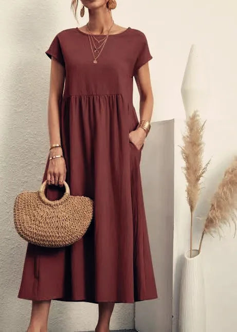 Women Vintage Solid Dress 2023 Summer Elegant O Neck Short Sleeve Cotton Linen Dresses Female Casual Loose Sundress Long Dress