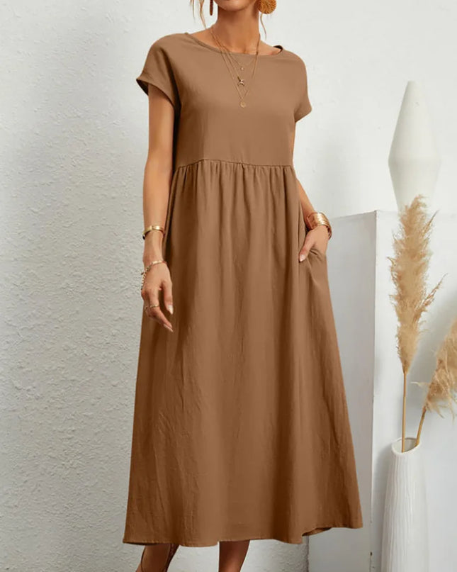 Women Vintage Solid Dress 2023 Summer Elegant O Neck Short Sleeve Cotton Linen Dresses Female Casual Loose Sundress Long Dress