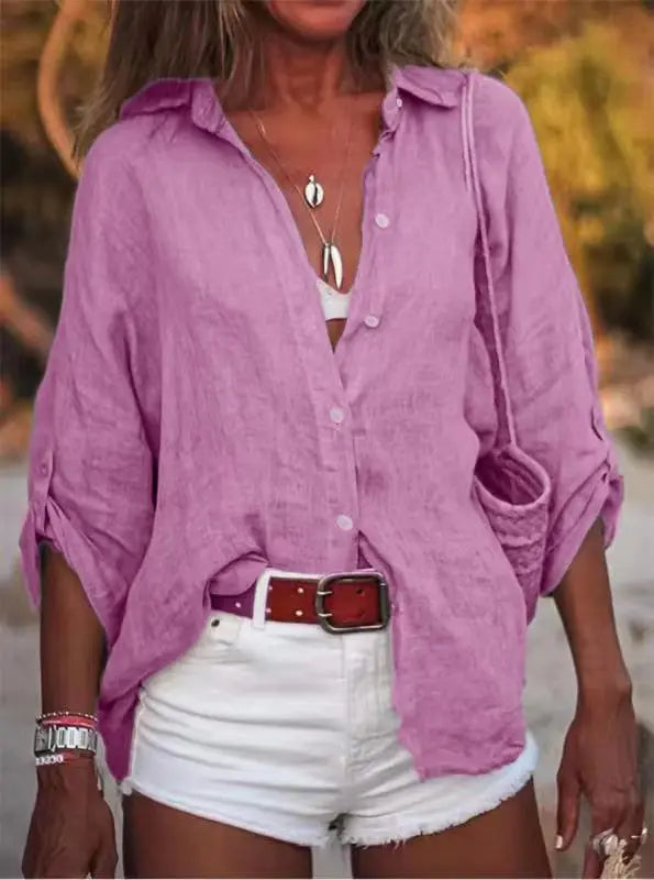 Women Cotton Linen Blouse Shirt Summer Female Turn Down Collar Three Quarter Loose Blouse Tops FYY-85