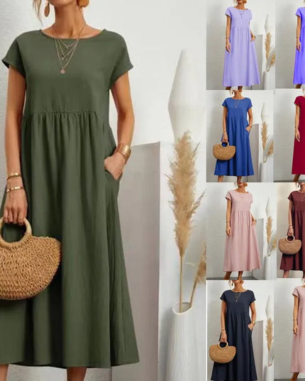 Women Vintage Solid Dress 2023 Summer Elegant O Neck Short Sleeve Cotton Linen Dresses Female Casual Loose Sundress Long Dress