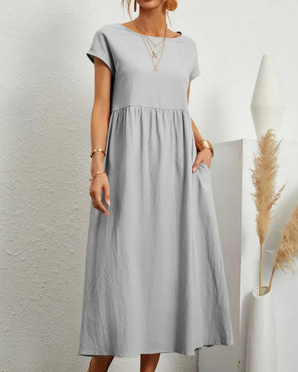 Women Vintage Solid Dress 2023 Summer Elegant O Neck Short Sleeve Cotton Linen Dresses Female Casual Loose Sundress Long Dress