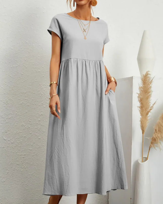Women Vintage Solid Dress 2023 Summer Elegant O Neck Short Sleeve Cotton Linen Dresses Female Casual Loose Sundress Long Dress
