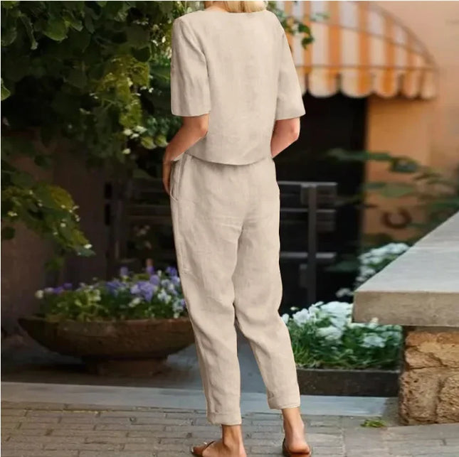 Women's Pullover Shirt And Pants Two-piece Set Women's Cotton And Linen Summer Suit Short Sleeved O-neck Outfit Pants