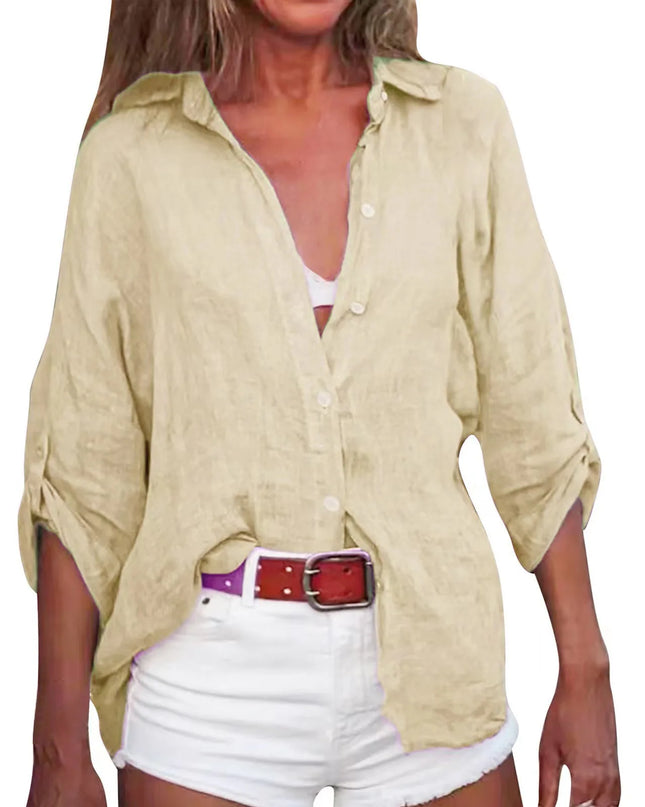 Women Cotton Linen Blouse Shirt Summer Female Turn Down Collar Three Quarter Loose Blouse Tops FYY-85