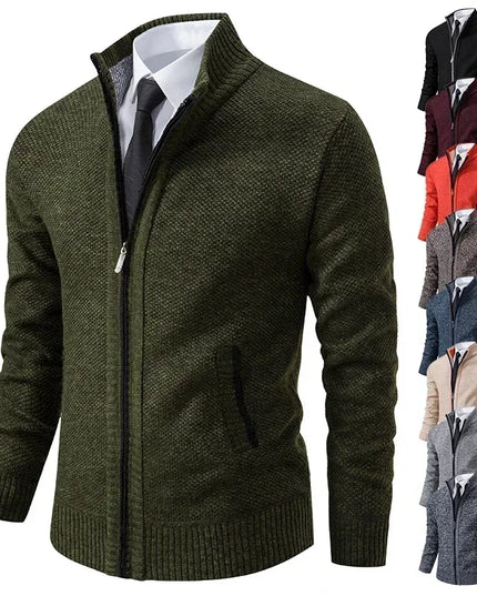 2025 Autumn and Winter New Jersey Men's Casual Sports Coat Solid Color Stand Collar Sweater Grab Fleece Warm Zipper Cardigan