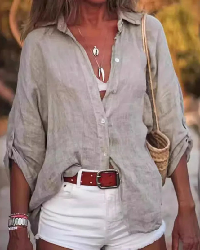 Women Cotton Linen Blouse Shirt Summer Female Turn Down Collar Three Quarter Loose Blouse Tops FYY-85