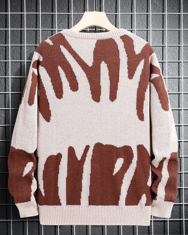 New Popular Autumn Winter Irregular Jacquard Pattern Pullover Sweater Casual Round Neck Contrast Color Knitted Men's Pullover