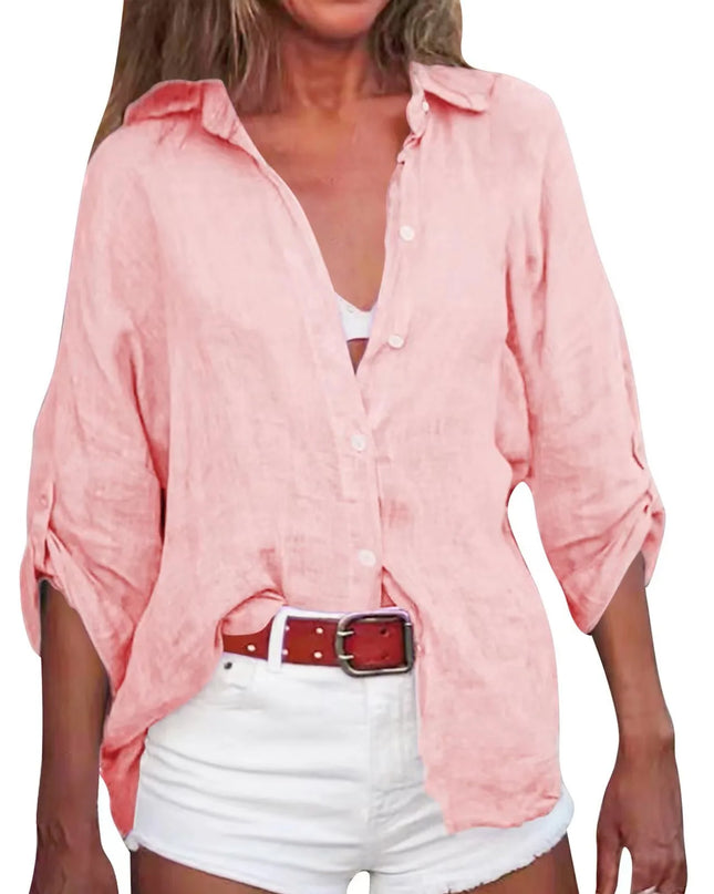 Women Cotton Linen Blouse Shirt Summer Female Turn Down Collar Three Quarter Loose Blouse Tops FYY-85