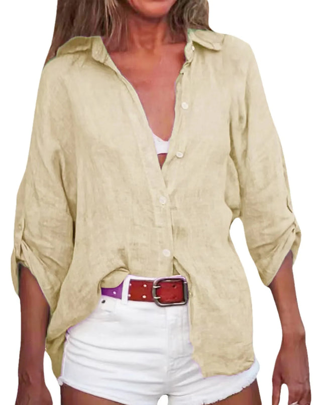 Women Cotton Linen Blouse Shirt Summer Female Turn Down Collar Three Quarter Loose Blouse Tops FYY-85