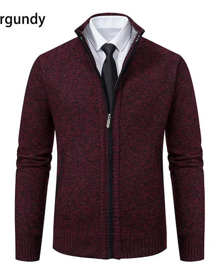 2025 Autumn and Winter New Jersey Men's Casual Sports Coat Solid Color Stand Collar Sweater Grab Fleece Warm Zipper Cardigan