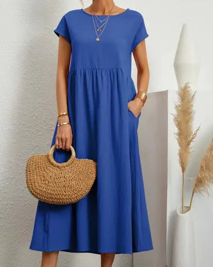 Women Vintage Solid Dress 2023 Summer Elegant O Neck Short Sleeve Cotton Linen Dresses Female Casual Loose Sundress Long Dress