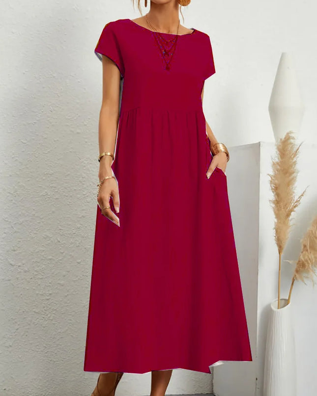 Women Vintage Solid Dress 2023 Summer Elegant O Neck Short Sleeve Cotton Linen Dresses Female Casual Loose Sundress Long Dress