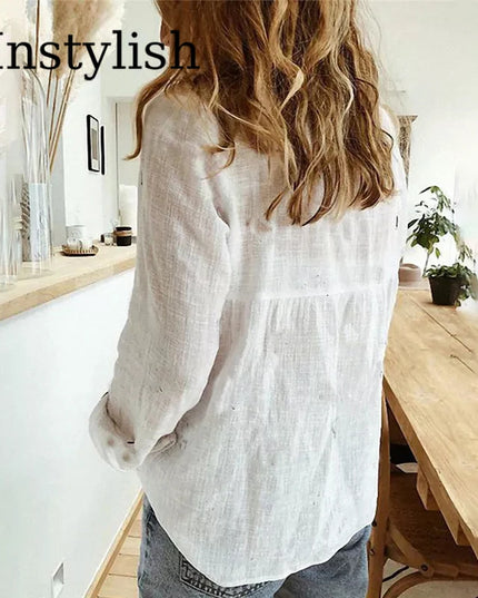 Elegant Cotton Linen Shirts Women Casual Solid Button Lapel Blouses Shirts Autumn Winter Long Sleeve Loose Tops Tunic Blusas