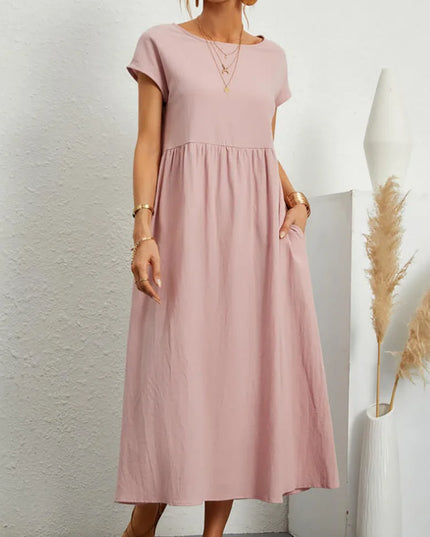 Women Vintage Solid Dress 2023 Summer Elegant O Neck Short Sleeve Cotton Linen Dresses Female Casual Loose Sundress Long Dress