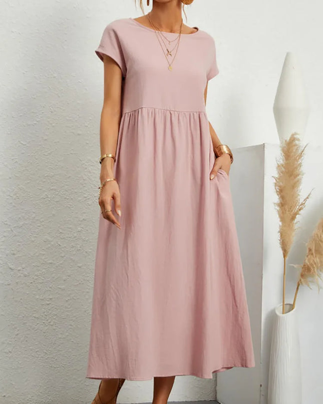 Women Vintage Solid Dress 2023 Summer Elegant O Neck Short Sleeve Cotton Linen Dresses Female Casual Loose Sundress Long Dress