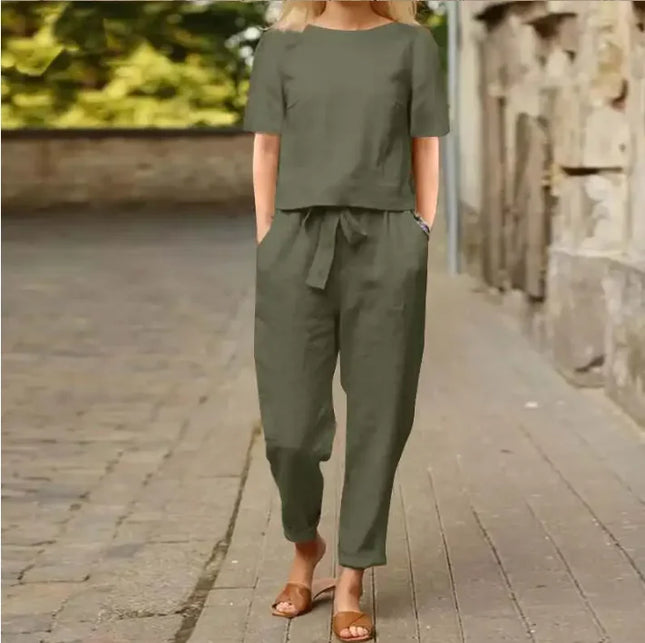 Women's Pullover Shirt And Pants Two-piece Set Women's Cotton And Linen Summer Suit Short Sleeved O-neck Outfit Pants
